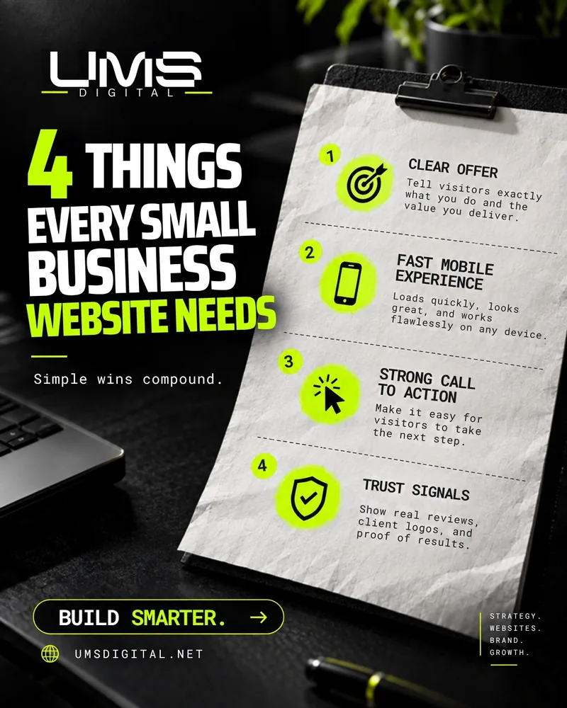 UMS Digital ad: 4 things every small business website needs