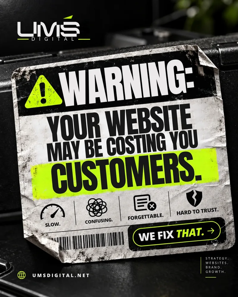 UMS Digital ad styled as a warning sticker