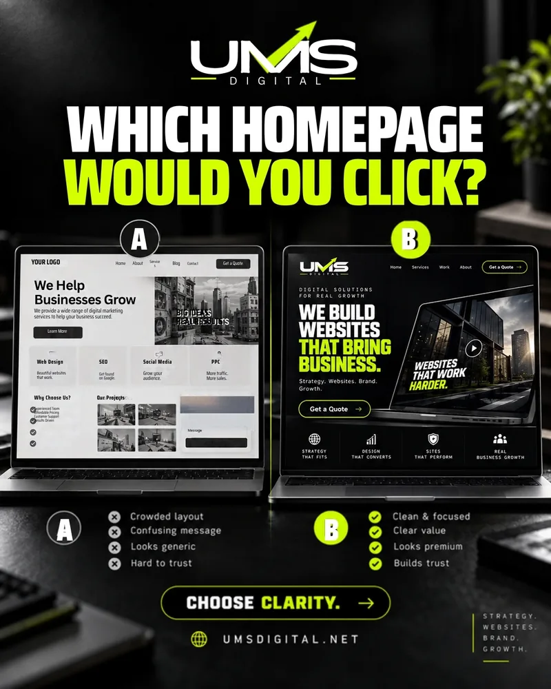 UMS Digital ad comparing two homepages, A and B