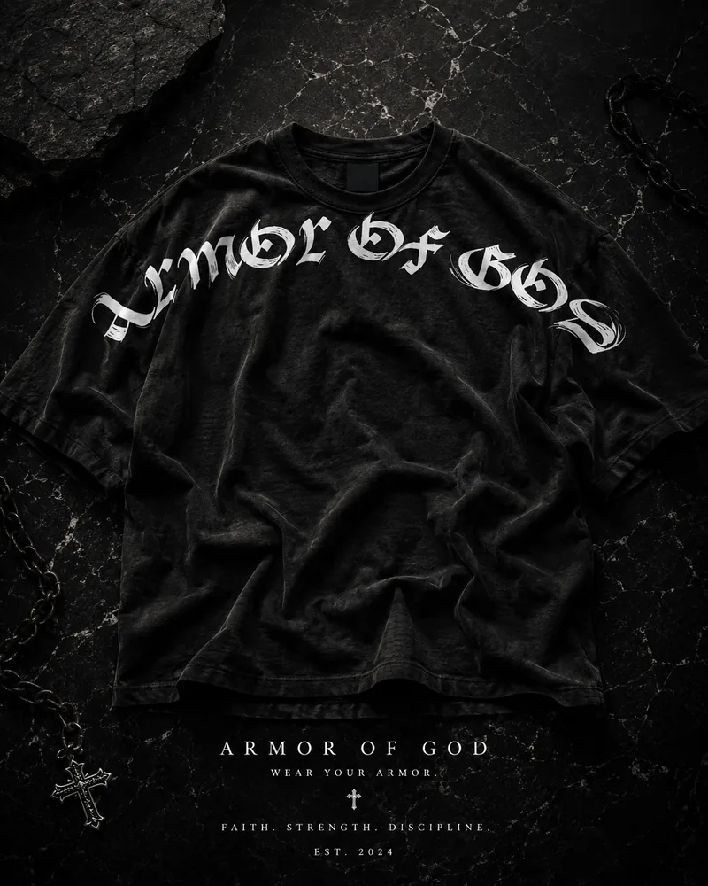 Armor of God tee with arched blackletter print laid on dark stone