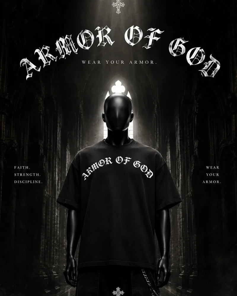 Armor of God campaign poster, mannequin in an oversized tee