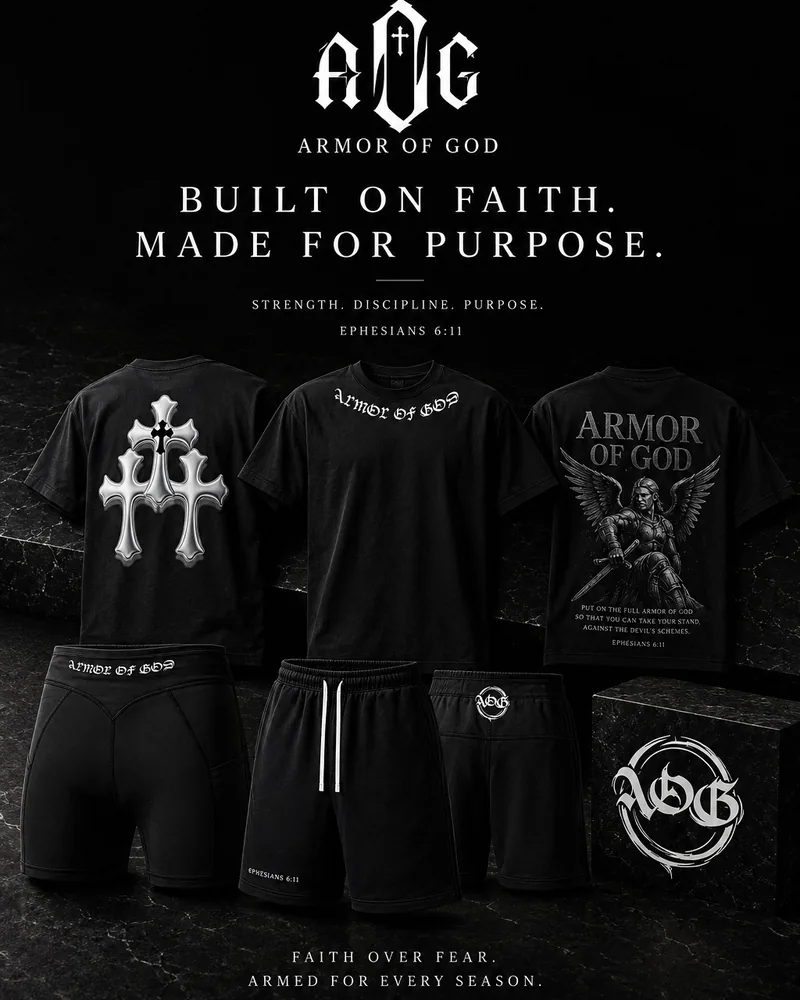 Armor of God collection poster with tees, shorts and a hoodie, Built on Faith, Made for Purpose