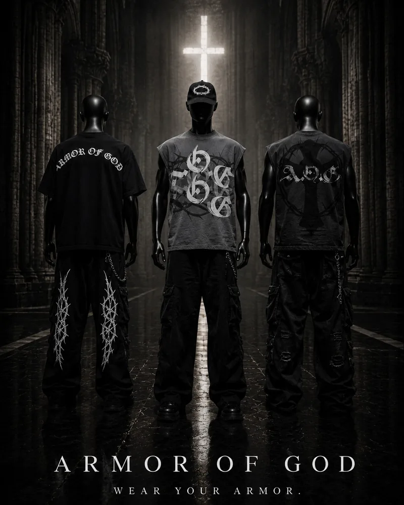 Three mannequins in Armor of God tees and cut-offs