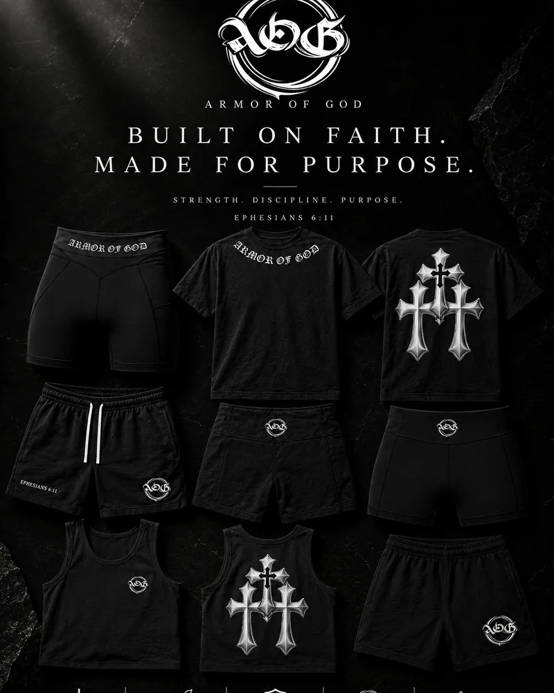 Armor of God full collection poster with tees, shorts and tanks