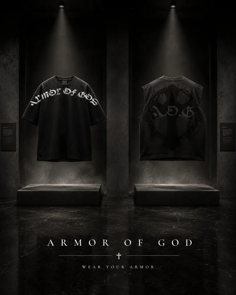 Armor of God tee and cut-off displayed under spotlights