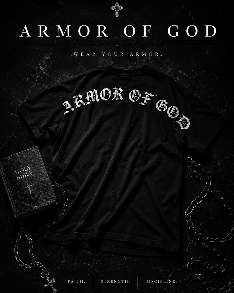 Armor of God neck print tee campaign poster