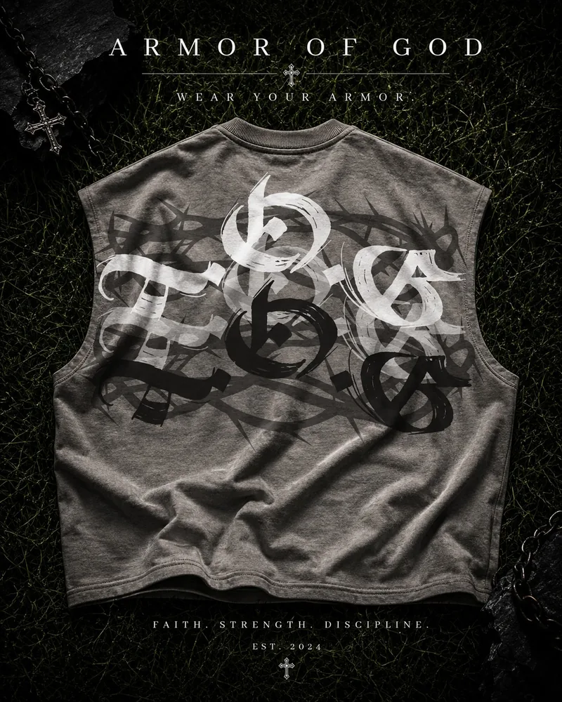 Armor of God washed grey cut-off with layered lettering and thorns