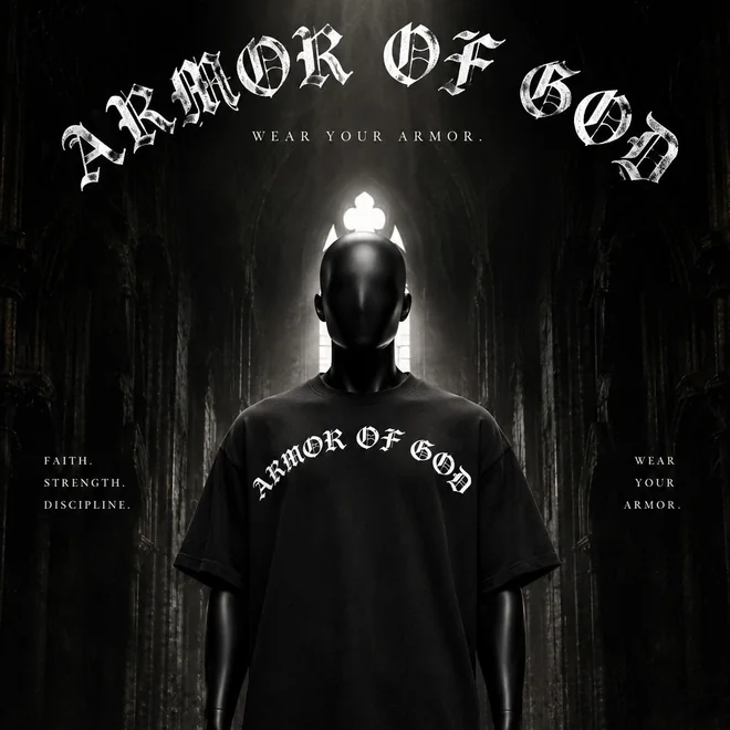 Armor of God oversized tee with arched lettering on a mannequin, campaign poster