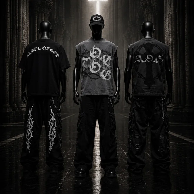 Three mannequins wearing Armor of God tees and cut-offs