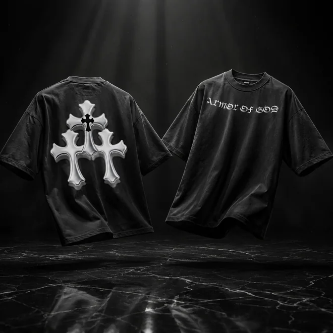 Two Armor of God tees, one with a chrome triple cross back print and one with a neck print