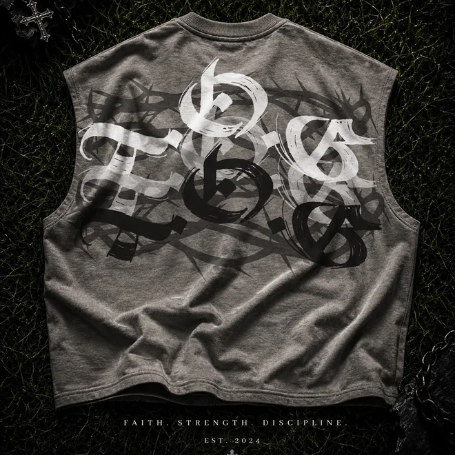 Armor of God washed grey cut-off with layered A.O.G. lettering and thorns