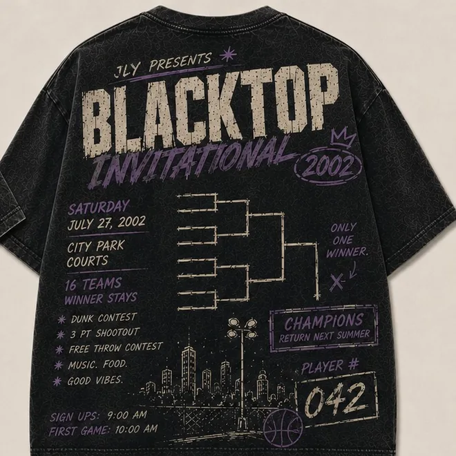 JLY Blacktop Invitational 2002 tee, back print with tournament bracket