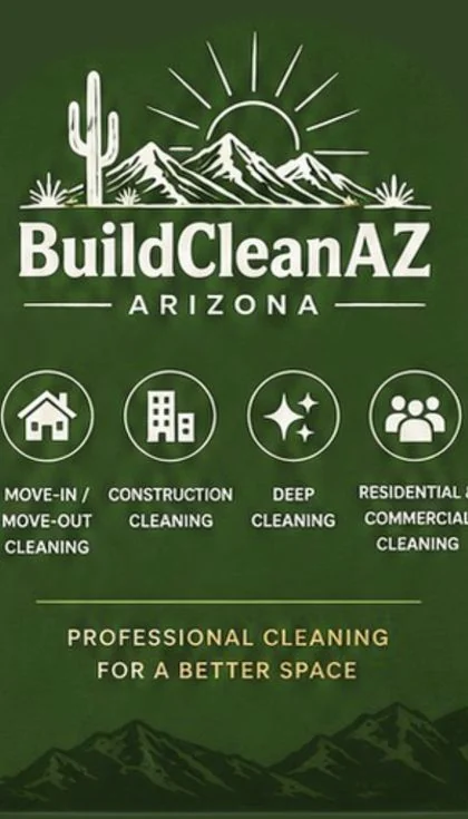 BuildCleanAZ vertical business card, dark green front with service icons