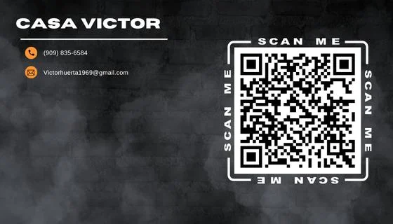 Casa Victor business card back with contact details and QR code