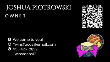 Twins Tacos business card back with booking QR code