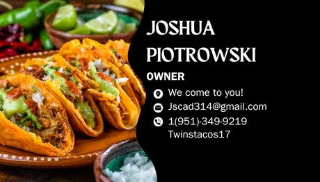 Twins Tacos photo-led card back with owner contact details
