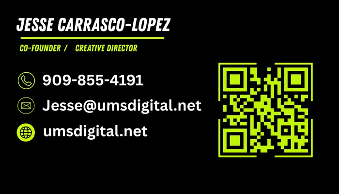 UMS Digital business card back with contact details and a QR code