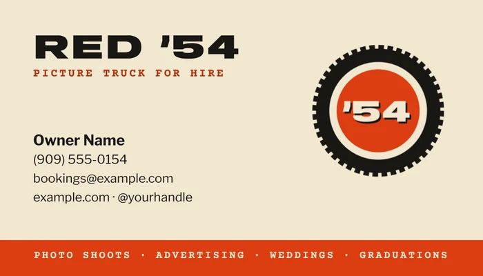 Red '54 concept business card, option A, back with sample contact details