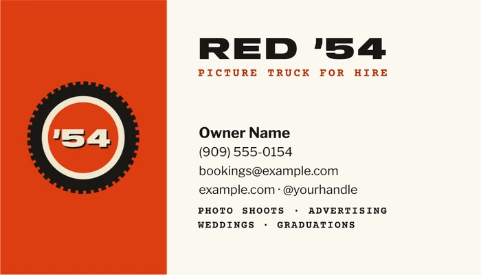 Red '54 concept business card, option B, back with sample contact details