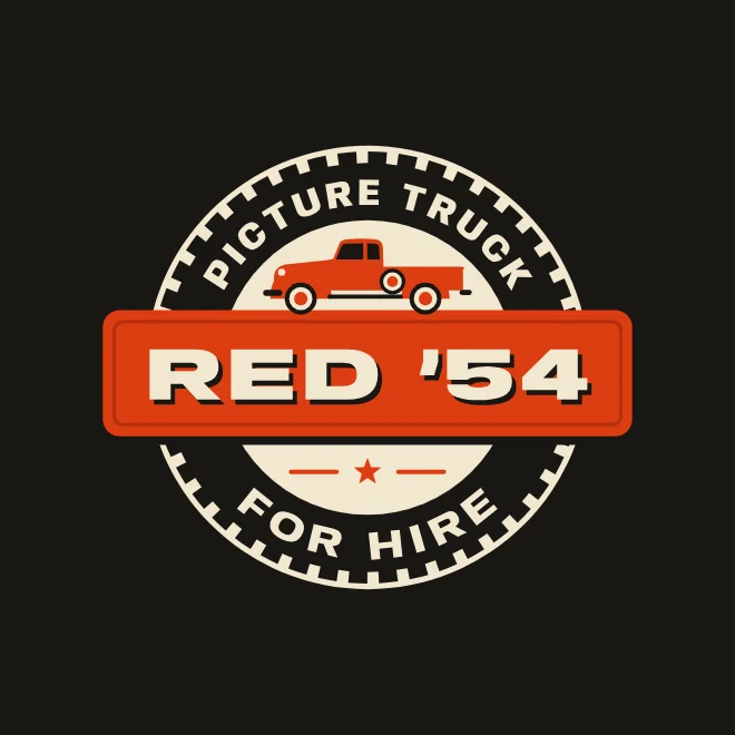Red '54 Picture Truck for Hire badge on a dark background, concept logo by UMS Digital