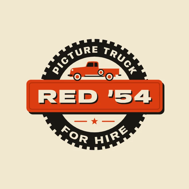 Red '54 Picture Truck for Hire badge, concept logo by UMS Digital