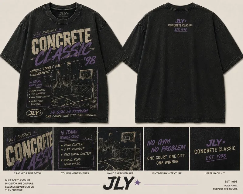 JLY Concrete Classic '98 tee design board, front and back