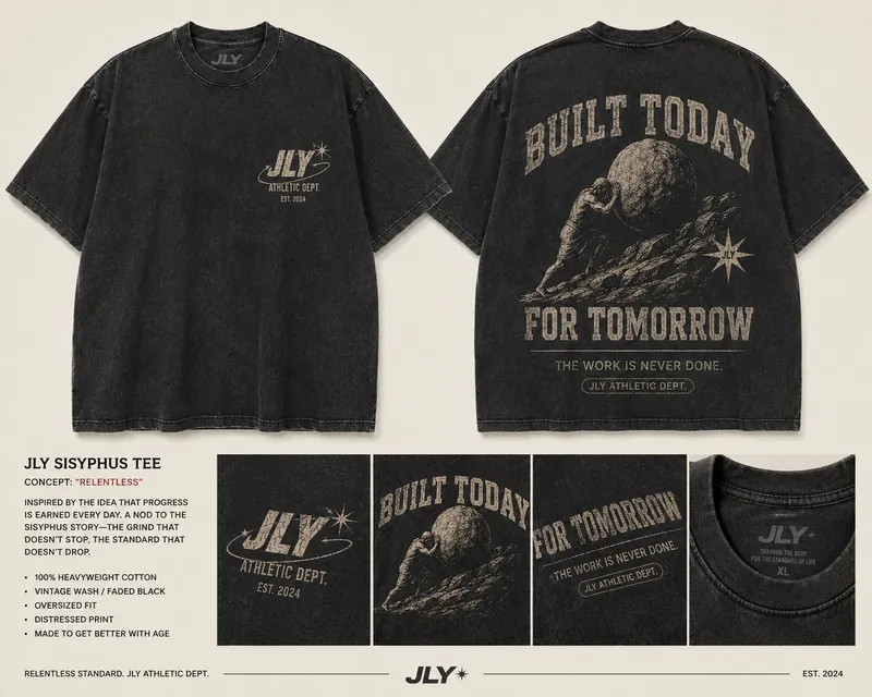 JLY Sisyphus tee design board, Built Today For Tomorrow back print