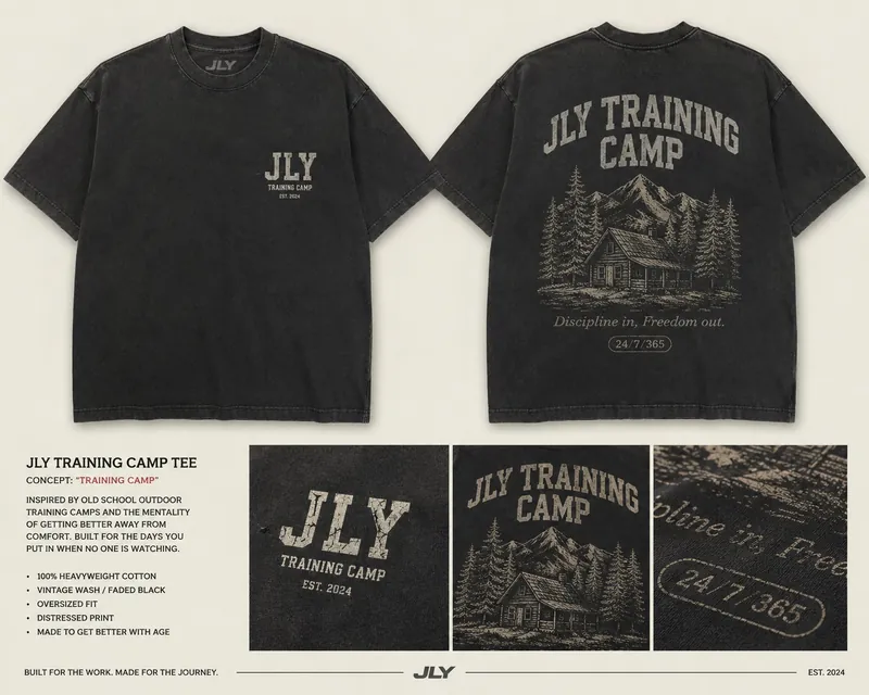 JLY Training Camp tee design board, front and back