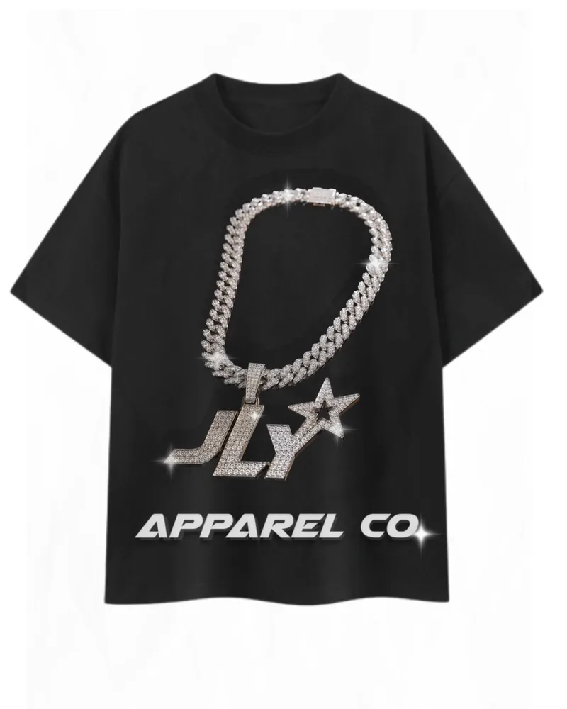 JLY Apparel Co. black tee with an iced chain and pendant graphic