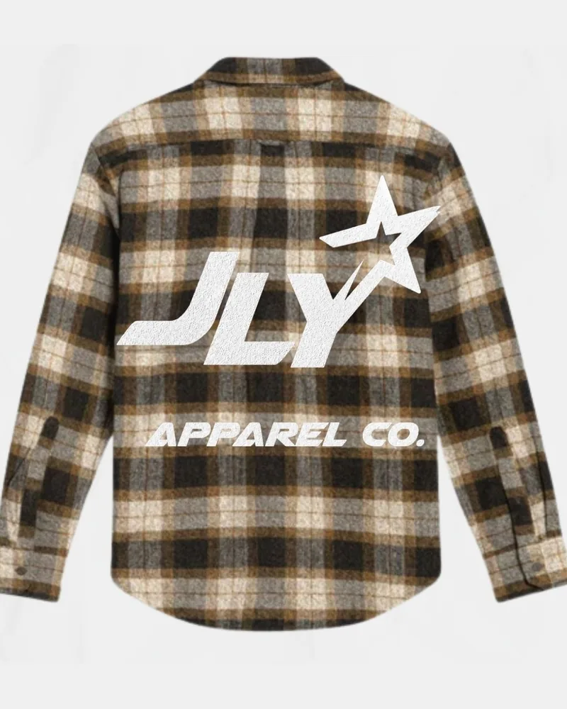 Plaid flannel shirt with a JLY Apparel Co. back print