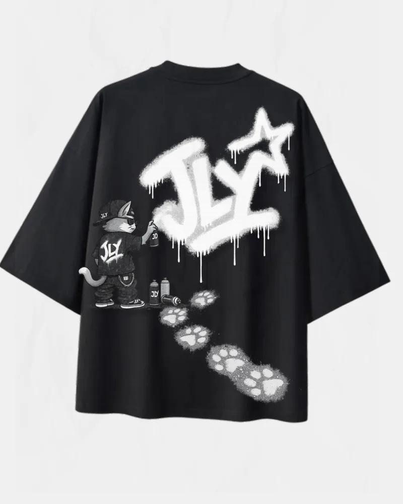 JLY tee with a cat spray-painting the logo and paw prints