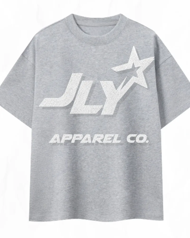 JLY Apparel Co. heather grey tee with a white logo print