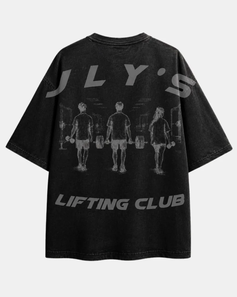 JLY's Lifting Club washed tee with a sketched back print