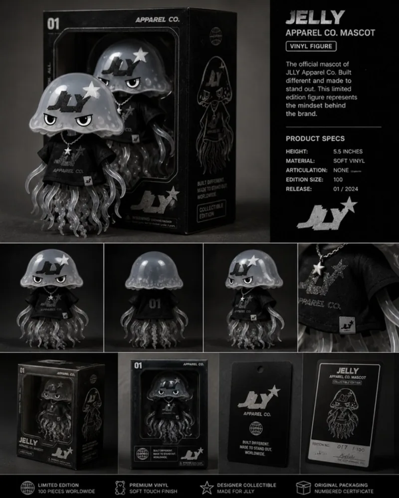 Jelly, the JLY Apparel Co. jellyfish mascot, as a boxed vinyl figure concept