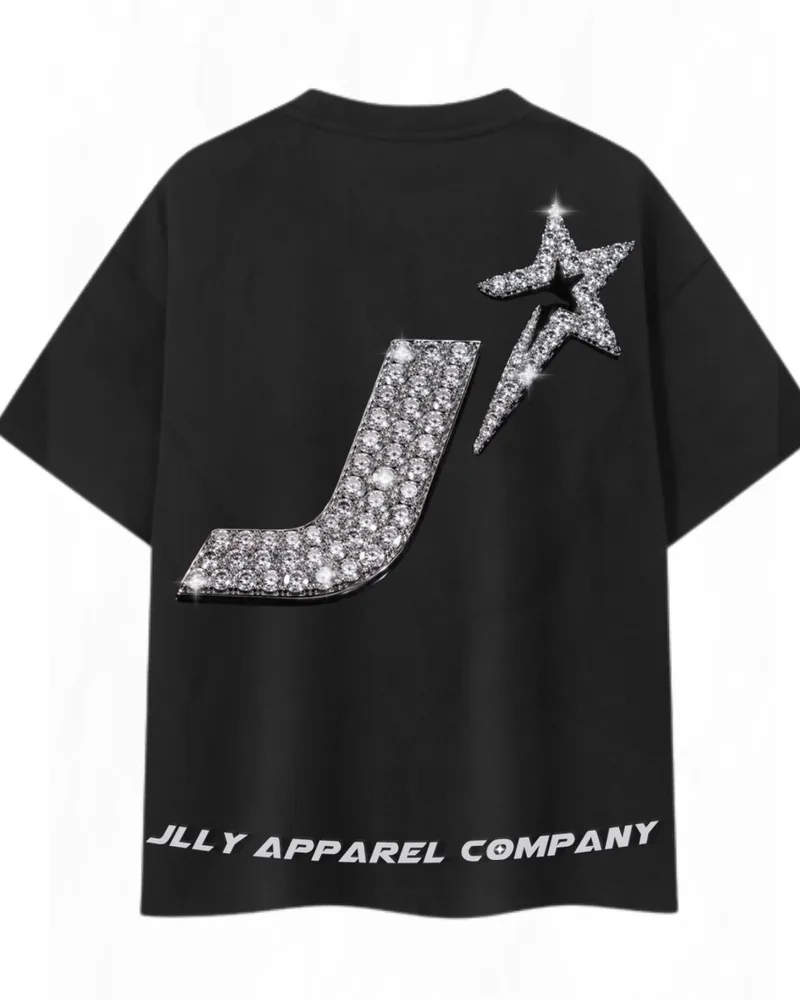 JLY black tee with a rhinestone J-star back print
