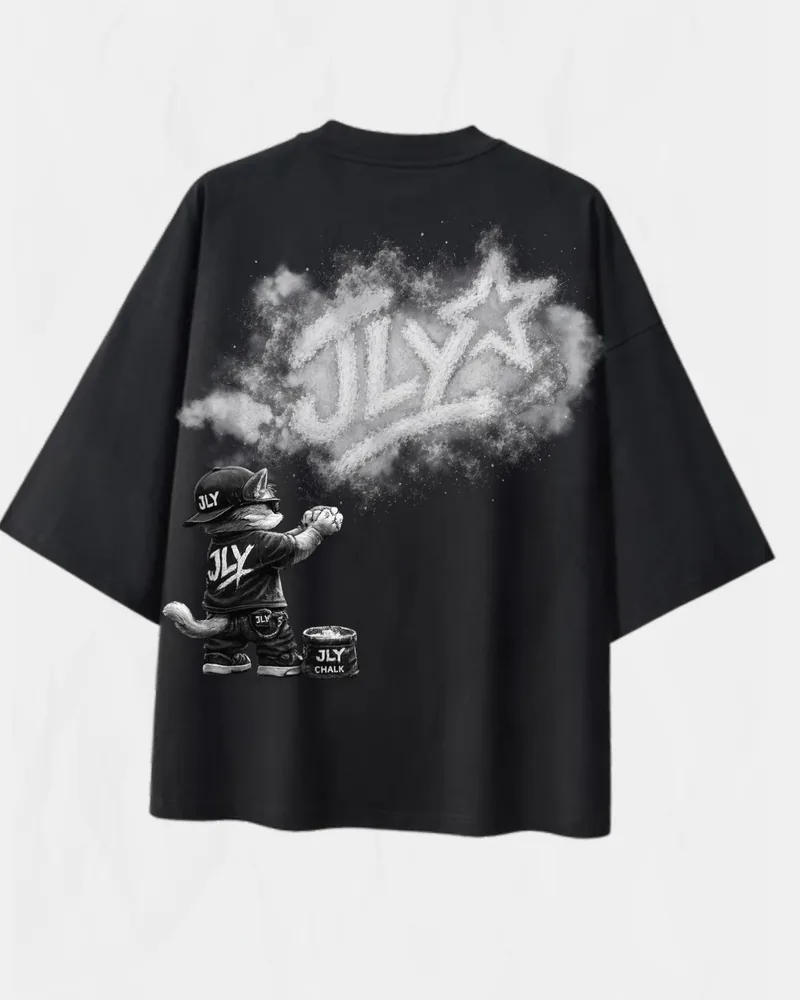 JLY tee with the logo in a spray paint cloud