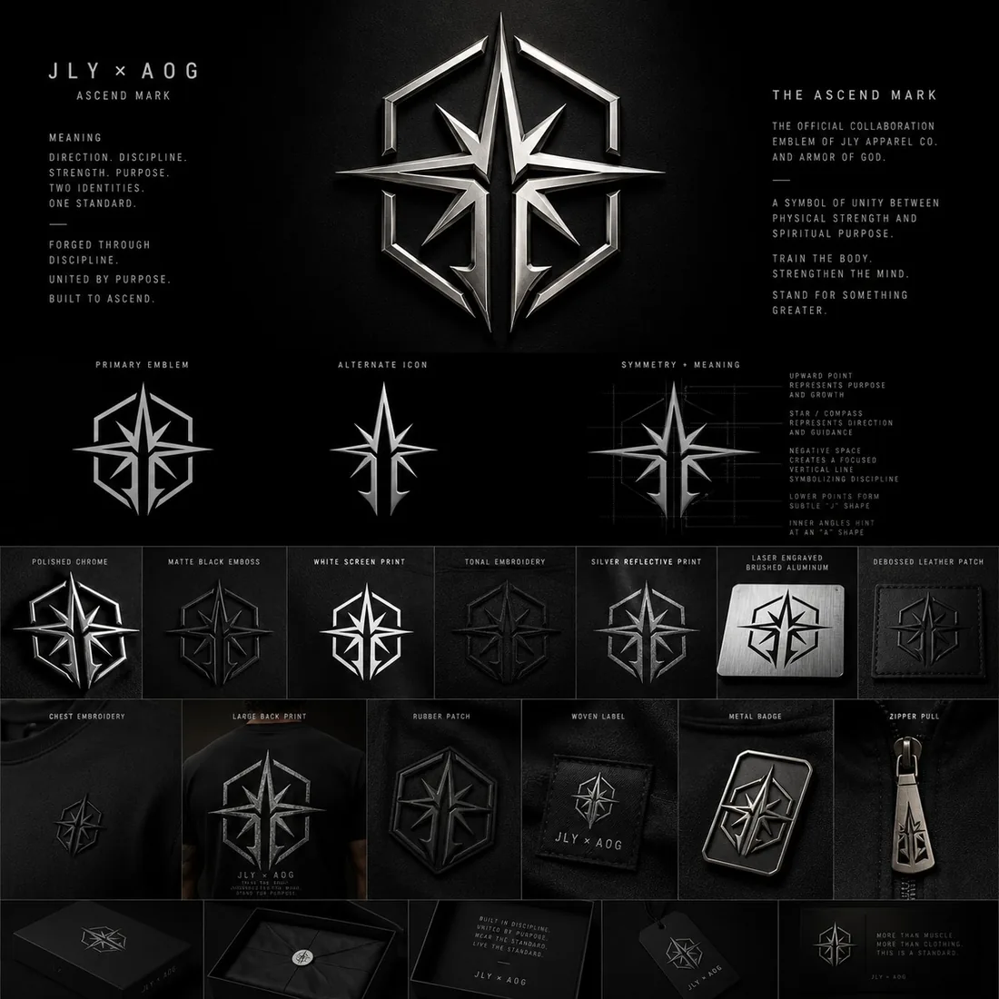 JLY x AOG Ascend mark board with emblem, icon and application mockups