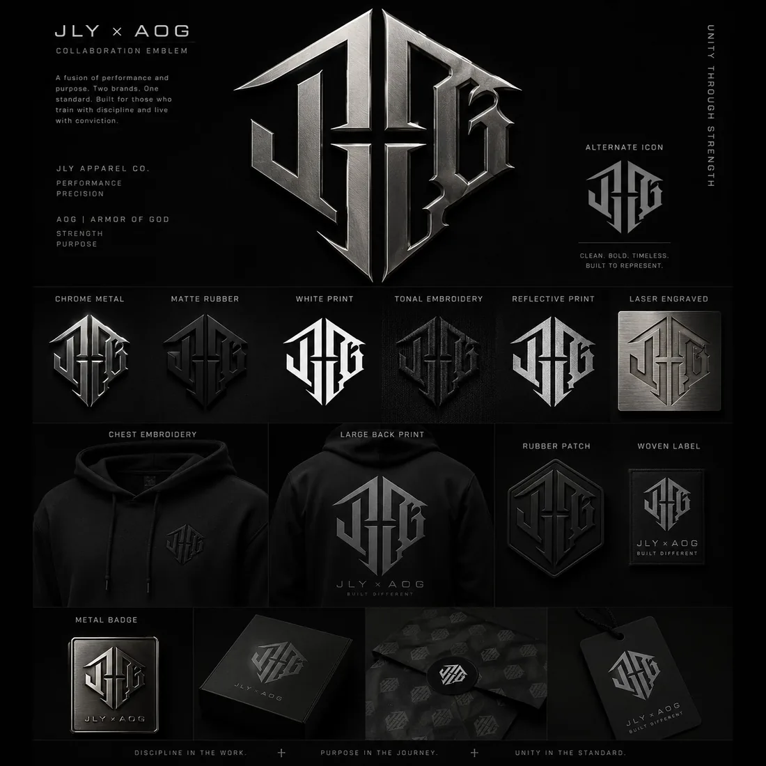 JLY x AOG collaboration emblem board with finishes and garment mockups