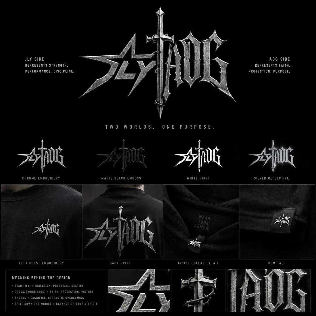 JLY x AOG sword wordmark board with embroidery, emboss and print versions
