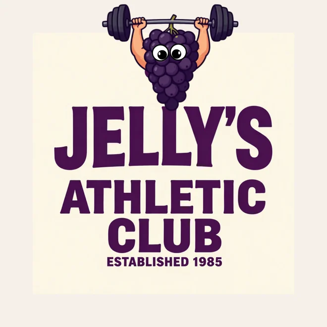 Jelly's Athletic Club logo with a grape mascot lifting a barbell