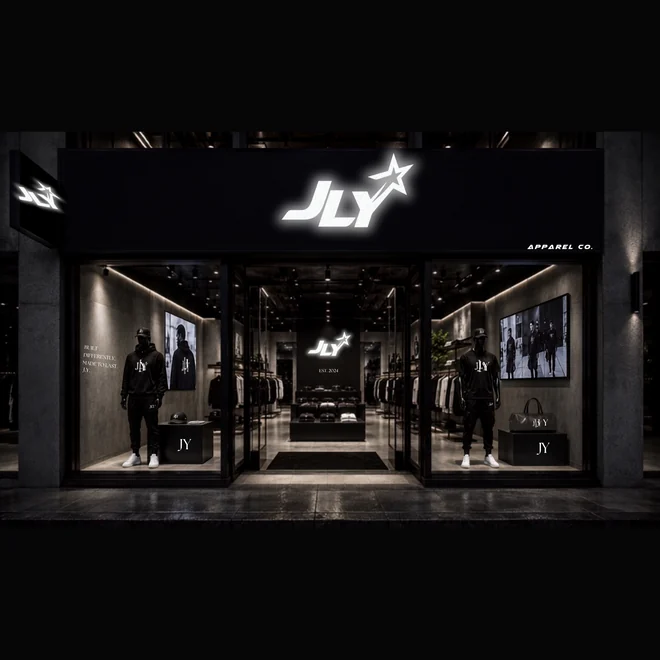 The JLY Apparel Co. J-star mark on a storefront sign, mockup