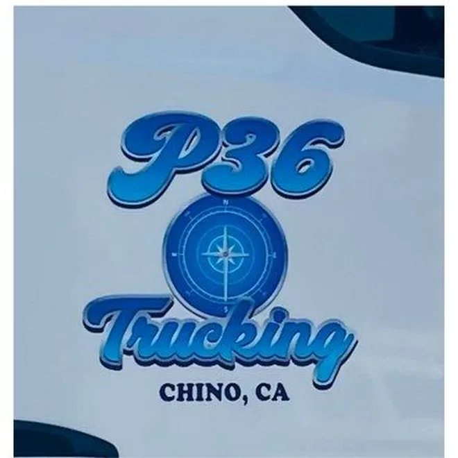 The finished P36 Trucking logo applied to a truck door