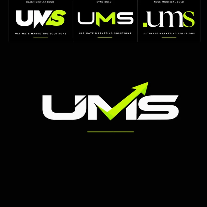 UMS logo exploration: three typeface options above the chosen arrow mark