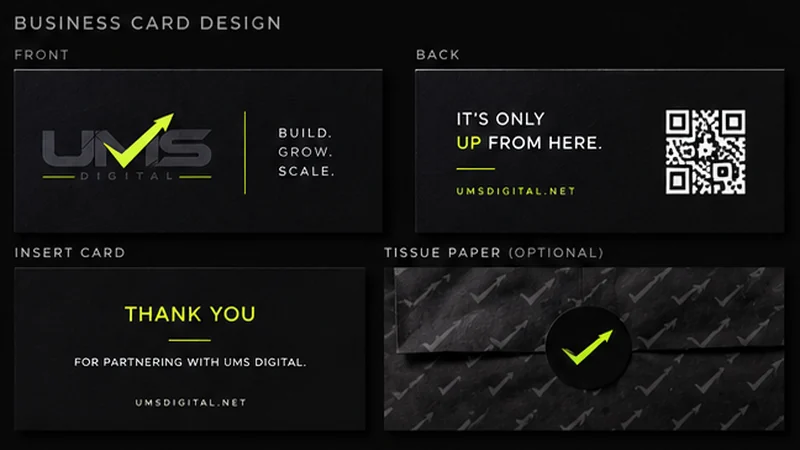 UMS Digital card front and back, thank-you insert and tissue paper